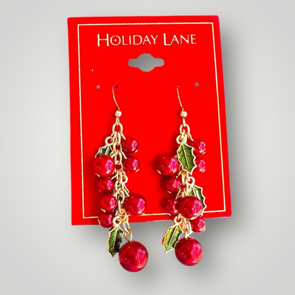 Drop Earrings Gold Tone Red Bead Green Enamel Mistletoe Holiday Lane Gift New - Picture 8 of 9